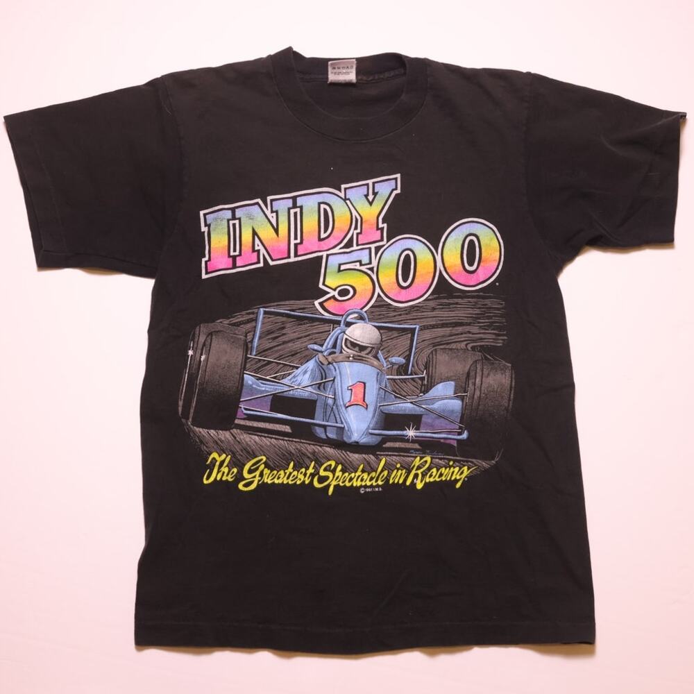 Vintage Indy 500 T Shirt Mens M Black Racing Graphic Fruit of the Loom